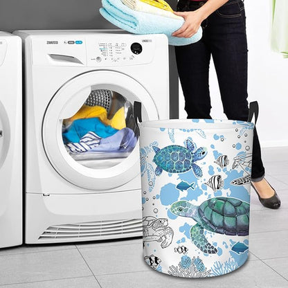 Sea Turtles Laundry Basket, Laundry Hamper Basket Ocean Theme Round Clothes Basket, 43L Collapsible Storage Organizer Bin with Handles for Toys, Gift for Chritsmas Thanksgiving 13.8x17.7in