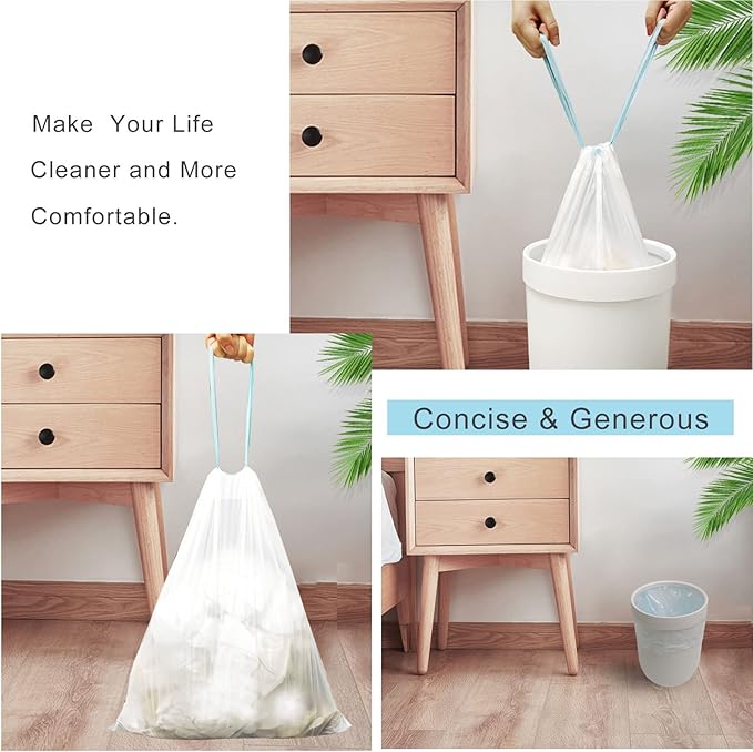 Trash Bags 3.2 Gallon, 100 Pcs Bathroom Garbage Bags, Blue Strap Kitchen Garbage Bags(White) With Drawstring Quickly Pack Garbage, Waste Basket Liners