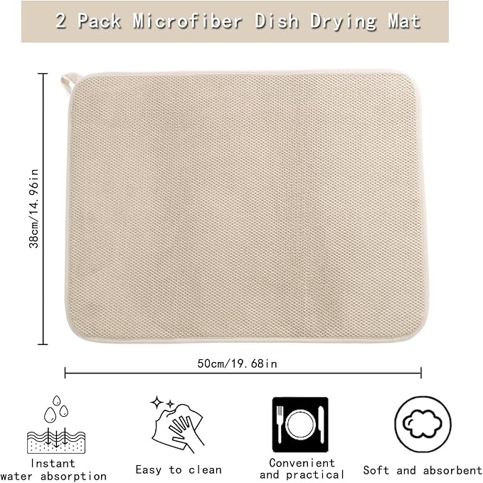 Solid Color Absorbent Dishes Drainer/Rack Mat for Countertop, Medium Size 15 x 20 Inch, Microfiber Dish Drying Pads with Hanging Loop, Kitchen Counter Dishes Draining Pad, Beige, 2 Pieces