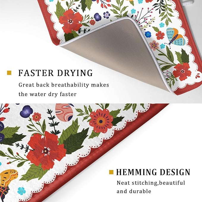 Large Microfiber Dish Drying Mat Red Floral Absorbent Drying Pad for Kitchen Counter
