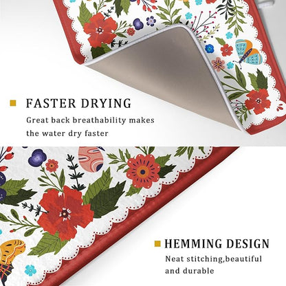 Large Microfiber Dish Drying Mat Red Floral Absorbent Drying Pad for Kitchen Counter