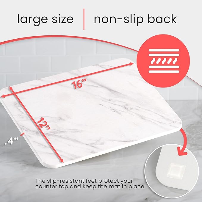 Stone Drying Mat for Kitchen Counter – Diatomaceous Earth Dish Drying Stone (White Marble) – Modern Countertop Drying Rack – Water Absorbent, Heat Resistant, Non-Slip Kitchen Mat with Towel (16"x12")