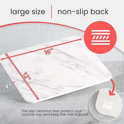 Stone Drying Mat for Kitchen Counter – Diatomaceous Earth Dish Drying Stone (White Marble) – Modern Countertop Drying Rack – Water Absorbent, Heat Resistant, Non-Slip Kitchen Mat with Towel (16"x12")