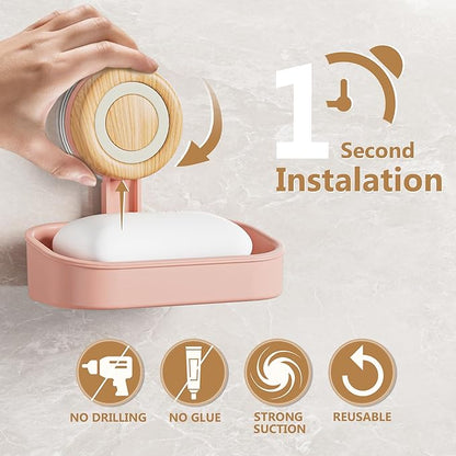 Double Layer Soap Dish for Shower 2 Pack, Wall Mounted Bar Soap Holder Suction Cup 2 Layer Self Draining Soap Case Sponge Holder for Shower Bathroom, Tub and Kitchen Sink, Pink