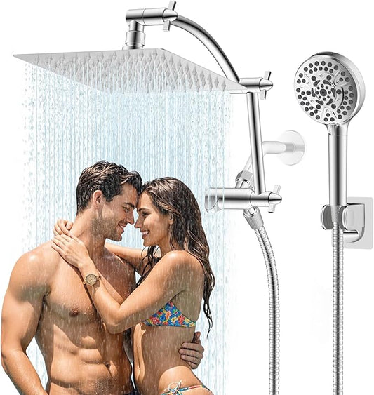 Hibbent All Metal cUPC Certified Shower Head, 8'' High Pressure Rainfall Shower Head, Handheld Showerhead Combo with 16'' Adjustable Extension Arm, 10 Sprays, 71'' Hose, Showerhead Holder, Chrome