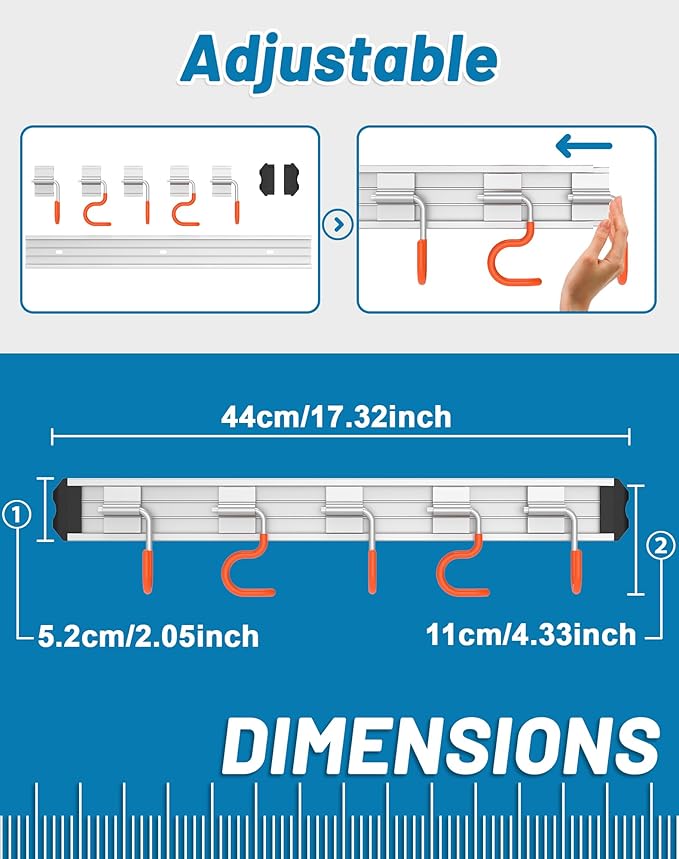 Mop and Broom Holder Wall Mount Garden Tool Rack Organizer, Modern Style,Movable Aluminum Alloy Wall Mounted Hook 1 Pack,Storage Gift for Bathroom,Closet,Laundry Room,Garage,Tool Room(Orange)
