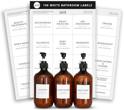 Minimalist Bathroom Labels for Organizing, 136 Preprinted Bath Room and Makeup Organizer Stickers, Waterproof Removable, Soap Shampoo Storage Supplies