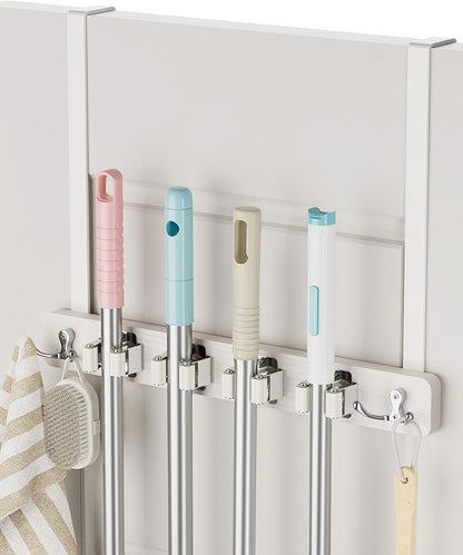 HULISEN Broom Holder Door Mount, Over the Door Broom and Mop Holder with 0.6" Thick Pads, Wood Mop Organizer Tool Hanger with 4 Racks & 2 Hooks for Laundry Cabinet Kitchen Garage, No Drills