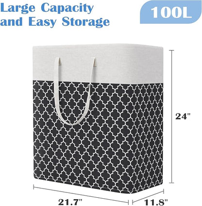 BlissTotes 3-Pack Laundry Basket, Freestanding＆Waterproof Laundry Hamper, Collapsible Tall Clothes Hamper with Easy Carry Handles for Clothes, Towels in the Family and Dorm,Clover Black,100L