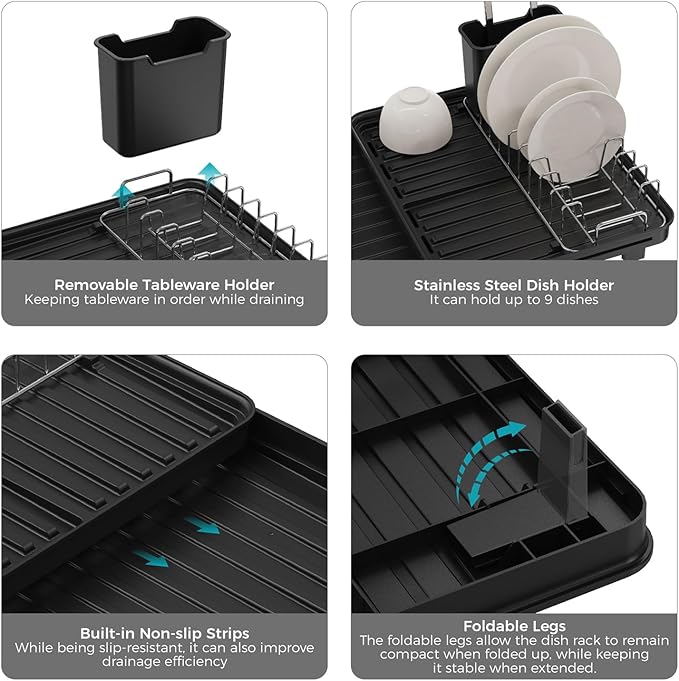 Sineng Expandable Dish Drying Rack,Stainless Steel Foldable Dish Rack with Cutlery Holder,Multifunctional Compact countertop Dish Drainer,Space Saving extendable Big Capacity Dish Holder