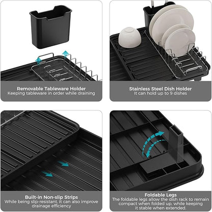 Sineng Expandable Dish Drying Rack,Stainless Steel Foldable Dish Rack with Cutlery Holder,Multifunctional Compact countertop Dish Drainer,Space Saving extendable Big Capacity Dish Holder