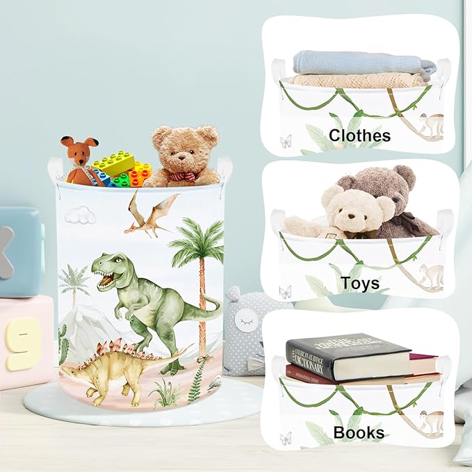 Clastyle Large Dinosaur Kid Storage Basket Baby Laundry Hamper Palm Tree Boy Gift Toy Box Collapsible Clothes Organizer Nursery Bin for Bedroom, Volcano, 36 * 45 cm