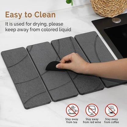 Small Stone Dish Drying Mat for Kitchen Counter, 2 PCS 16"×12" & 8"x4" Quick Dry Stone Mats, Foldable Water Absorbing Diatomite Drying Dish Pad for Countertop Bottles Utensils Cups(Carved Gray)