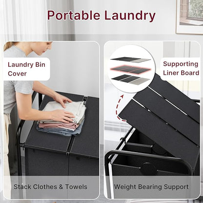 3-Compartment Laundry Cart with Lockable Wheels & Lid 180L Large Wheeled Laundry Basket Heavy-Duty Sorting Organizer for Laundry Room (Black)