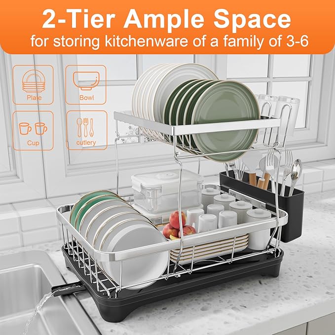 Dish Drying Rack - 2-Tier 304 Stainless Steel Dish Rack for Kitchen Counter , Adjustable Spout Auto-Draining Dish Rack, Kitchen Organizers and Storage Rack with Drainboard and Cutlery Holder Black