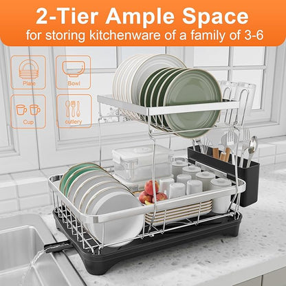 Dish Drying Rack - 2-Tier 304 Stainless Steel Dish Rack for Kitchen Counter , Adjustable Spout Auto-Draining Dish Rack, Kitchen Organizers and Storage Rack with Drainboard and Cutlery Holder Black