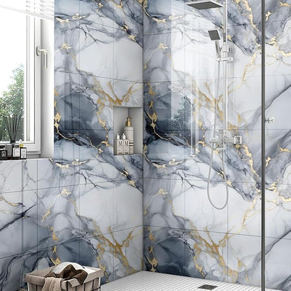Chejiaye 10pcs Marble Peel and Stick Backsplash Waterproof Washroom Wall Panels, Peel and Stick Tile, PVC Foam Wall Panels for Kitchen,Bathroom,Living Room,Blue and Gold(Not Real Tile,11.8" x 11.8")