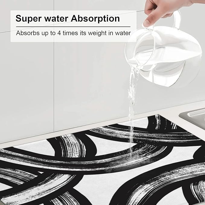 Black and White Abstract Curved Dish Drying Mats, 18" x 24" Absorbent Microfiber Modern Drying Pad for Kitchen Counter, Washable Reversible Foldable for Dishes, Sink, Utensils, Home Decor, Black