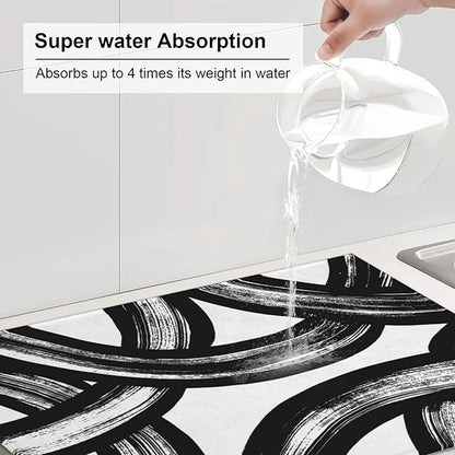 Black and White Abstract Curved Dish Drying Mats, 18" x 24" Absorbent Microfiber Modern Drying Pad for Kitchen Counter, Washable Reversible Foldable for Dishes, Sink, Utensils, Home Decor, Black
