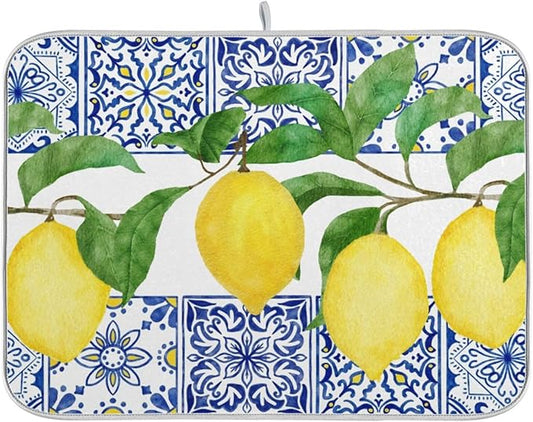 Lemon Blue Tiles Dish Drying Mat for Kitchen Counter Absorbent Microfiber Drying Pad, Medium 16x18 in, Reversible Drainer Mats