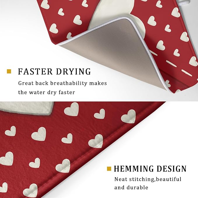 Valentines Day Dish Drying Mat for Kitchen Counter 18x24 Cream Red Love Heart Valentines Holiday Themed Absorbent Reversible Microfiber Drying Mats Kitchen Countertop Protector Dishes Drainer Pad