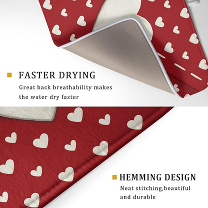 Valentines Day Dish Drying Mat for Kitchen Counter 18x24 Cream Red Love Heart Valentines Holiday Themed Absorbent Reversible Microfiber Drying Mats Kitchen Countertop Protector Dishes Drainer Pad