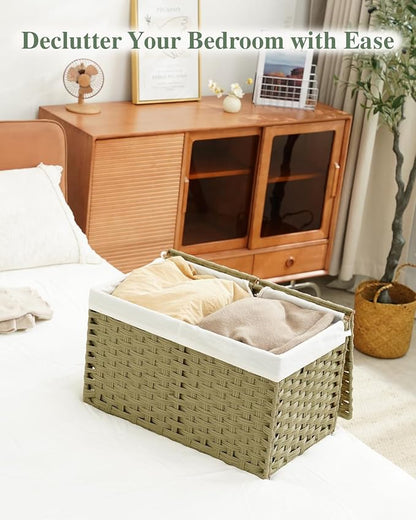 Storage Basket with Lid Rattan Woven Storage Baskets with 2 Separate Lids, 17.2 Gallon (65 L), Wicker Storage Bins Foldable, 2 Removable Liner Bags Handles for Bedroom, Laundry Room Green