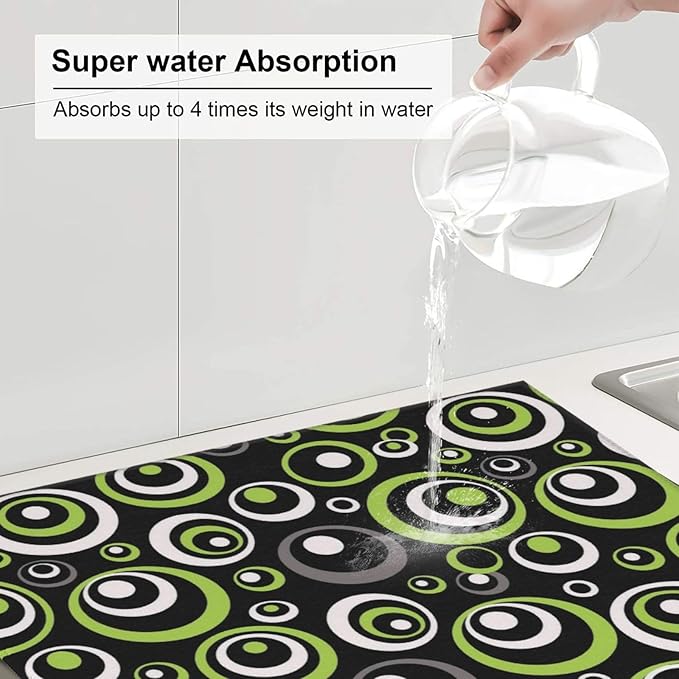 Green Black Gray Geometric Circle Dish Drying Mat for Kitchen Counter, 16" x 18" Absorbent Microfiber Modern Drying Pad for Dish Drainer, Washable, Foldable for Kitchen Gadgets, Multi-Use, Home Decor