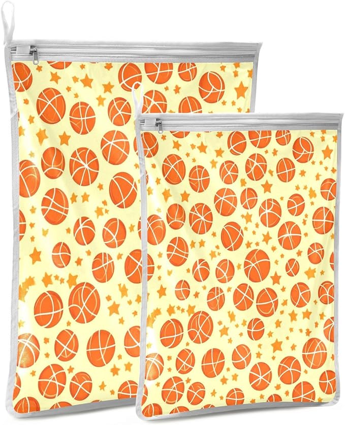 Mesh Laundry Bags Lingerie Bags for Washing Delicates 2 PCS Durable Wash Bag with Zipper Small and Medium Washable Orange Basketball and Stars