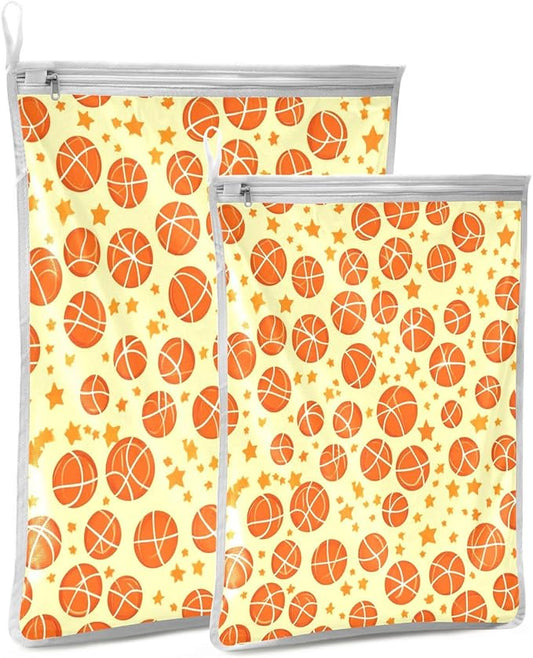Mesh Laundry Bags Lingerie Bags for Washing Delicates 2 PCS Durable Wash Bag with Zipper Small and Medium Washable Orange Basketball and Stars