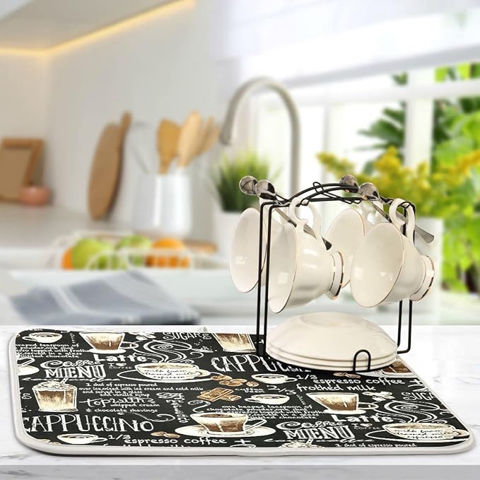 Coffee Black Dish Drying Mat for Kitchen Coffee Beans Maker Cappuccino Latte Chocolate Microfiber Drying Mats Absorbent Reversible Dish Pad Large Dish Draining Mat 18x24 inch