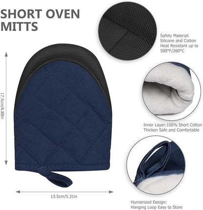 Short Oven Mitts, Heat Resistant 500°F, Silicone Grip Kitchen Gloves, Non-Slip for Baking, Grilling, BBQ, Machine Washable with Hanging Loop, 2-Pack Set, Navy Blue