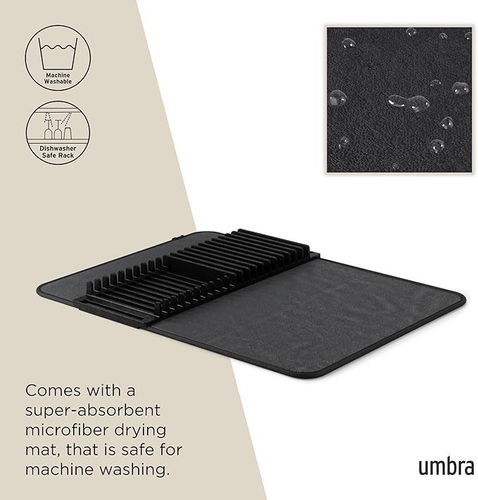 Umbra Udry Dish Rack and Microfiber Drying Mat – Space-Saving Design Folds Up for Easy Storage, Basic Rack, Black