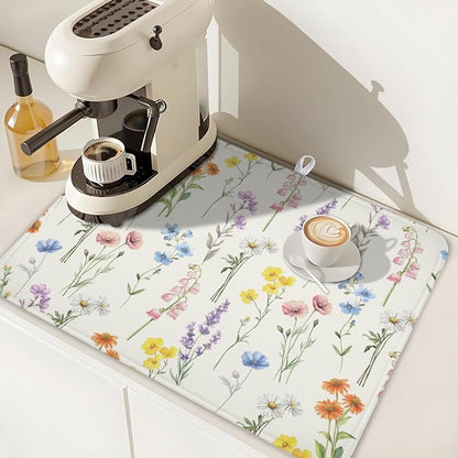 Spring Floral Dish Drying Mat for Kitchen Counter 18 x 24 Inch Colorful Flowers Dish Drainer Mat Absorbent Microfiber Dish Rack Pad for Summer Holiday Coffee Dining Bar Decor