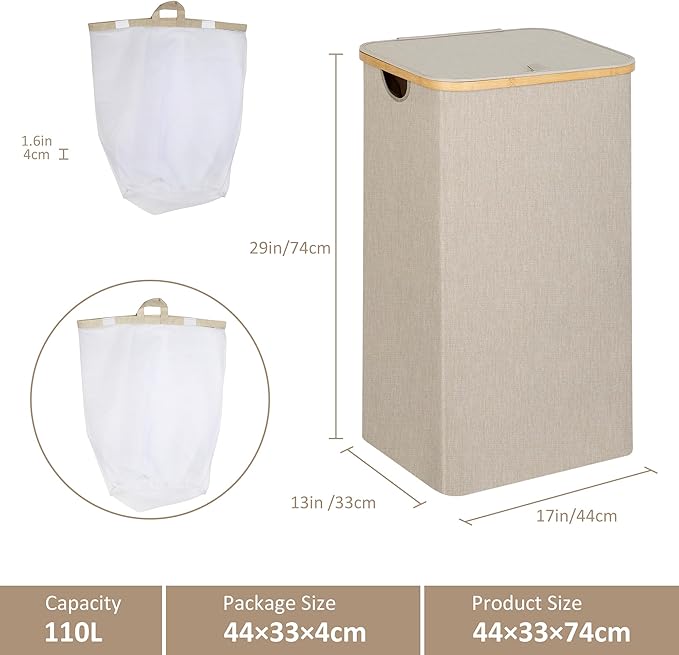 Laundry Basket with Lid, Large Laundry Hamper with Handle and Lid, Collapsible Clothes Basket Organizer with Removable Inner Bag for Clothes Toys Towels (Oatmeal, 110L)