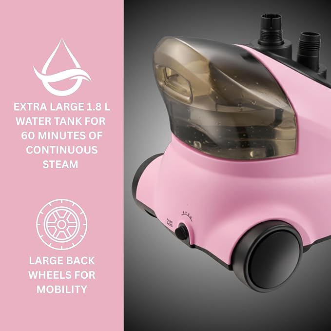 SALAV GS18-DJ Standing Garment Steamer with Roll Wheels for Easy Movement, 1.8L Water Tank for 1 Hour Continuous Steaming, Adjustable Pole for Storage, Includes Descaler Packet, 1500 watts - Pink