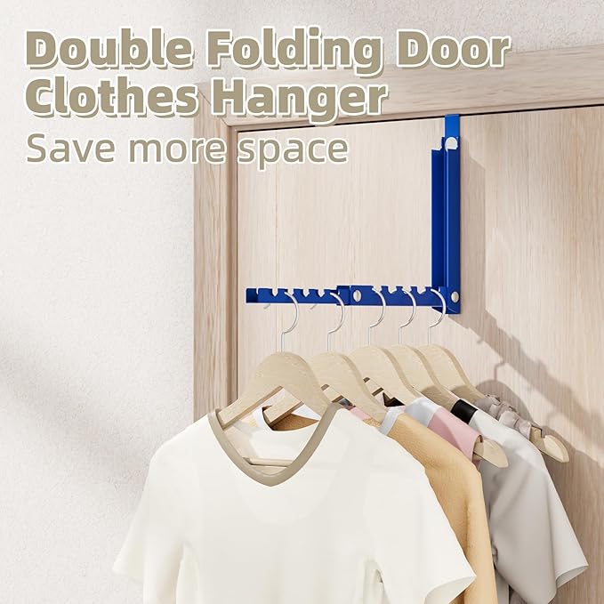 BAKON Over The Door Hangers, Over Door Hooks for Hanging, Small Space Dual Folding Portable Over Door Clothes Hanger for Clothes, Hats, Bags and Towels. (1, Blue)