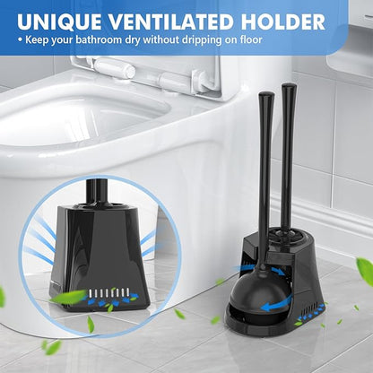 LOVLOY Toilet Plunger and Brush with Holder, Bowl Brush and Heavy Duty Toilet Plunger Set with Ventilated Holder, 2-in-1 Toilet Brush and Plunger Combo for 5.3-inch Toilet Drain New Pack (Black, 1)