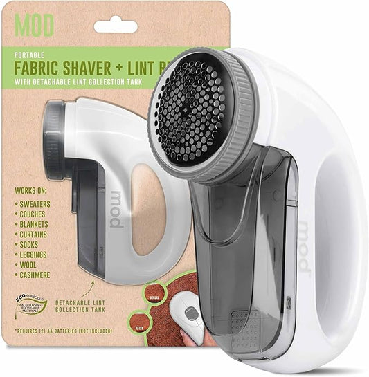 MOD Portable Fabric Shaver and Lint Remover, Reusable Pet Hair Remover,Roller for Clothes, Sweater Shaver, Couch, Blankets, Curtains with Detachable Lint Collector Tank, Battery Operated, White/Gray