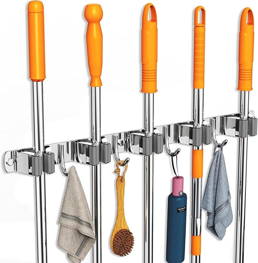 CUXIXA Broom and Mop Organizer Wall Hanging, Upgraded Mop and Broom Holder Wall Mount, Stainless Steel Broom Hanger Wall Mount for Laundry Room Organization and Storage（5 Racks with 4 Hooks）