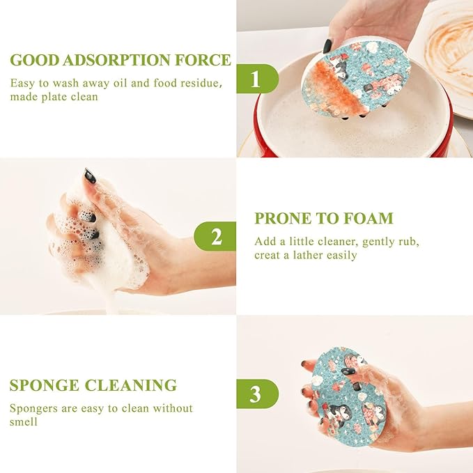 Penguin Kitchen Scrub Sponges, Pop-up Kitchen Cleaning Sponges Reusable Dish Washing Sponges for Bathroom Household Cleaning 3 Pack - Non Scratch Scrubber