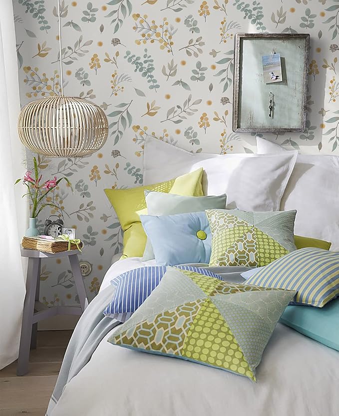 Timeet Floral Wallpaper Peel and Stick Self Adhesive Wallpaper Green/Yellow/Beige Removable Wall Paper Decor 15.4in x 118.11in