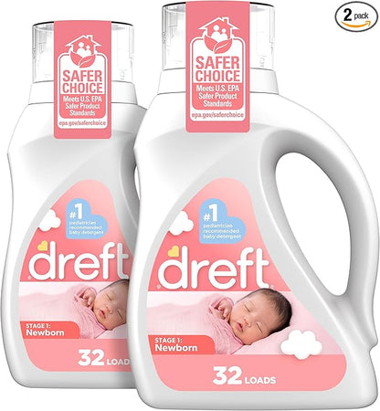Dreft Newborn Baby Liquid Laundry Detergent, Gentle on Sensitive Skin, HE Compatible, 2 pack, 32 loads each