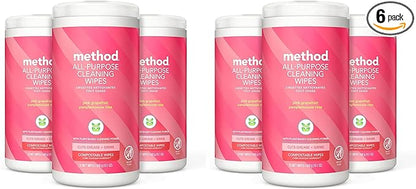 Method All-Purpose Cleaning Wipes, Pink Grapefruit, Multi-Surface, Compostable, 70 Count (Pack of 6)