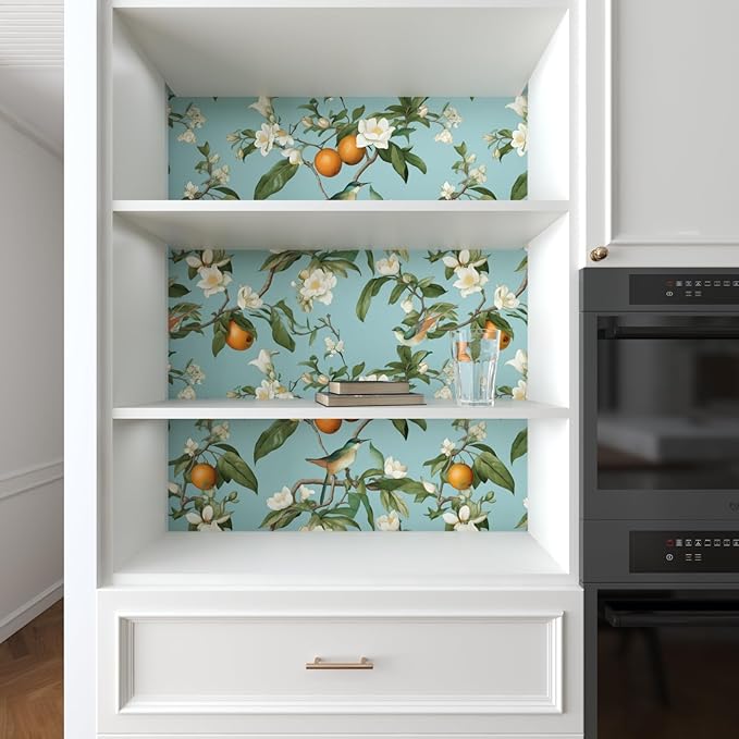 Laatse Blue Floral Wallpaper Peel and Stick, Vintage Bird Fruits Contact Paper 17.5" x 197", Removable Self Adhesive Waterproof Retro Wall Mural for Room Walls Shelves Cabinet Table Decor