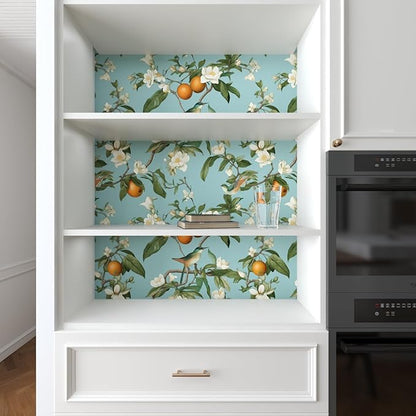 Laatse Blue Floral Wallpaper Peel and Stick, Vintage Bird Leaf Fruit Contact Paper, Self Adhesive Removable Retro Wall Mural Wall Paper for Room Walls Shelves Cabinet Table Decor 17.5" x 118"