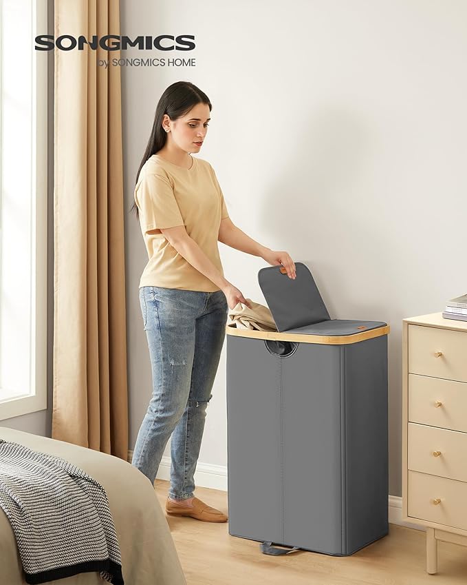 SONGMICS Laundry Hamper with Lids, Laundry Basket with 2 Compartments, 39 Gal. (150 L), Removable Liner Bag, for Laundry Room, Bedroom, Living Room, Slate Gray and Light Bamboo ULCB523G01