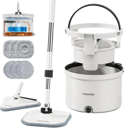 Mop and Bucket Set, Spin Mop and Detachable Inner Mop Bucket with Separate Dirty/Clean Water System, Self-Wringing Square Mops for Floor/Wall Cleaning with 6 Microfiber Pads