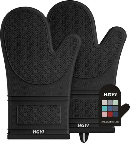 Silicone Oven Mitts, Heat Resistant Oven Gloves with Quilted Liner, Waterproof & Non-Slip Kitchen Mittens for Baking Cooking BBQ, 500°F, 12.5"-Black