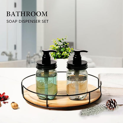 Amolliar Plastic Mason Jar Soap Dispenser with Pump Lid,16OZ Refillable Hand Soap Dispenser Set with Cute Lables, Farmhouse Decor for Kitchen Bathroom, Liquid Soap, Dish Soap (2 Pack, Black)